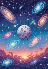 Cosmic Sunset Over Pixel Galaxies - A pixel art depiction of a serene cosmic landscape. It symbolizes tranquility, wonder, the vastness of space, celestial beauty, and dreams