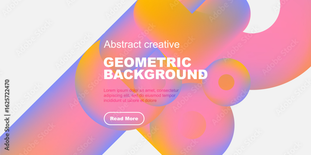 Poster vibrant geometric shapes overlap, creating colorful background. text block present with button for m