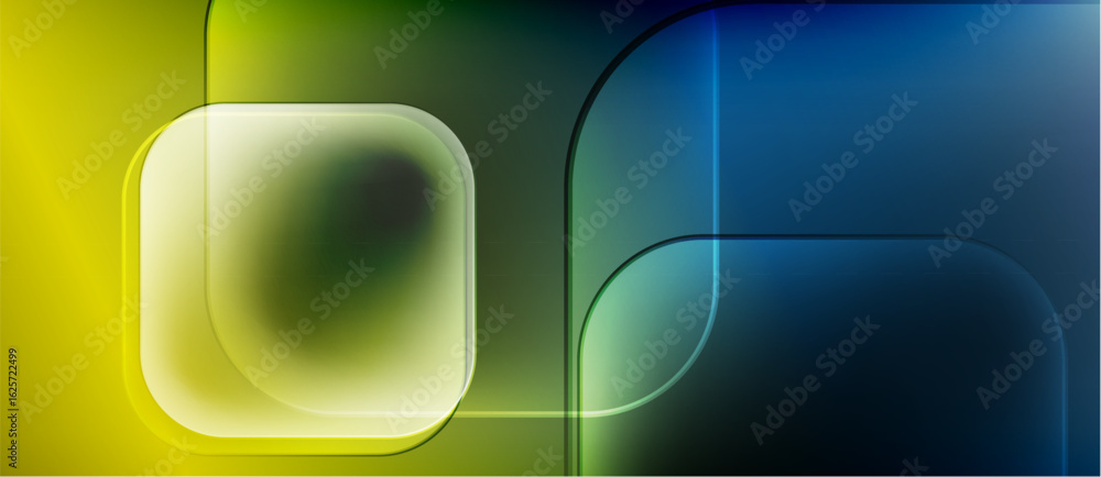 Poster abstract composition. overlapping rounded rectangles, gradient colors, yellow to blue transition. mi