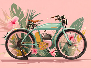 Fototapeta premium A flat design illustration of an electric bike with flowers