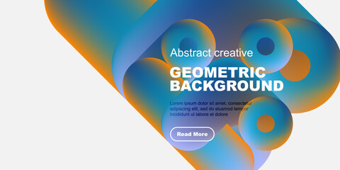 Abstract geometric background features vibrant blue, orange hues. Text includes geometric background, button reads read more. Modern design.
