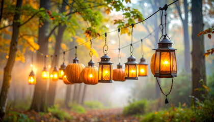 Autumn forest path lanterns