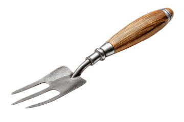 Small garden fork with a wood handle.  The fork head is metal, and the handle is light brown wood with a metallic band.  It's isolated against a black background