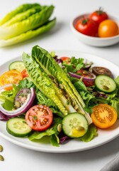 Fresh Romaine and Vegetable Salad - A vibrant salad featuring crisp romaine lettuce, juicy tomatoes, refreshing cucumbers, and red onion, seasoned with pumpkin seeds.