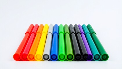 Row of twelve horizontal markers with caps facing forward—vibrant spectrum from red to brown, neatly arranged for artistic inspiration.