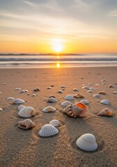 Golden Hour Seashells on Beach - Seashells scattered on a sandy beach at sunrise, symbolizing peace, tranquility, nature, summer, and coastal beauty