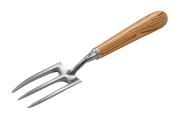 Gardening fork with wooden handle.  Metal tines, angled,  isolated,  studio shot