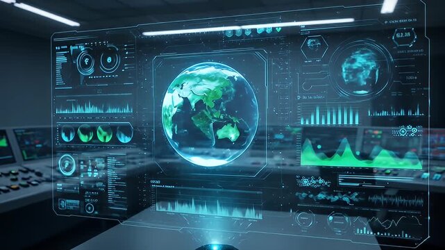 A futuristic, transparent screen displays Earth and various green and blue data charts