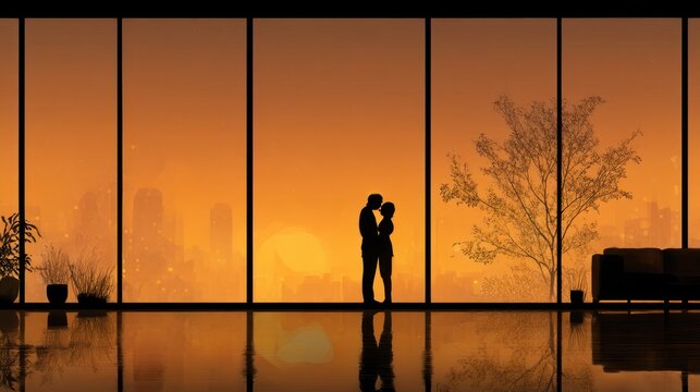 Silhouette couple embracing at sunset
