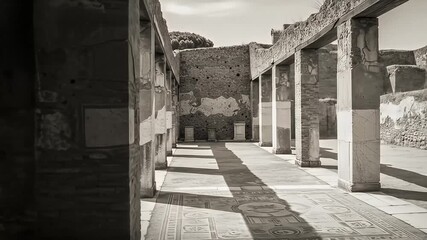 Monochrome view of ancient ruins with crumbling brick and stone structures and pillars - Powered by Adobe