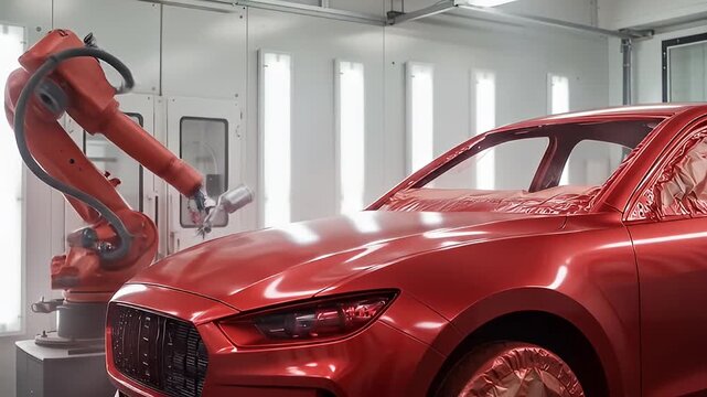 Red car is being paint sprayed by a robot arm in a clean, bright, automotive factory