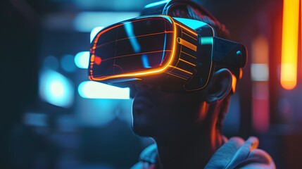 Futuristic VR Headset Gaming Experience Neon Lights
