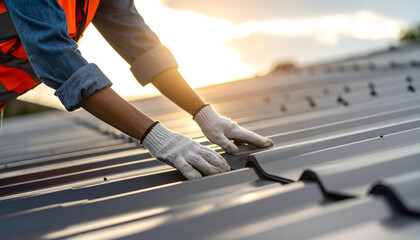 Skilled roofer in a safety vest and gloves working on the installation of a new corrugated metal roof on a residential house at sunset.