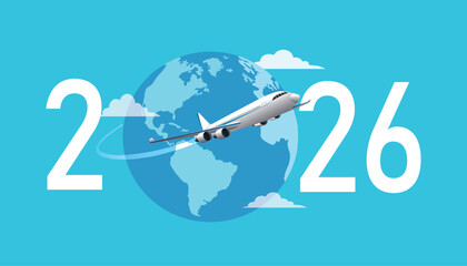 Aircraft around the world in 2026 year sign, symbol. vector, illustration