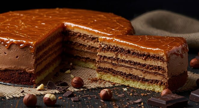 Dobos torte Hungarian layered chocolate and caramel sponge cake