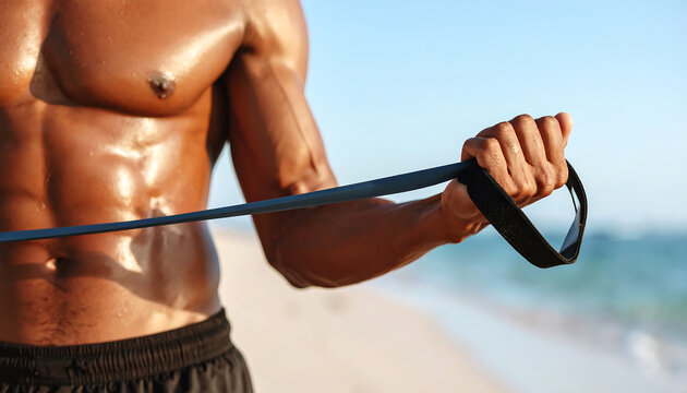 Athletic man with a muscular torso doing strength training exercises with a resistance band outdoors on the beach. - Powered by Adobe