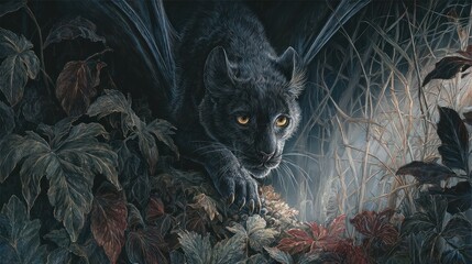 Black panther intently peers from foliage, its piercing yellow eyes shining from the shadows