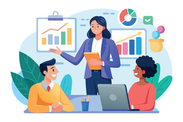 Business team having a meeting with a presentation of charts and graphs isolated on white background