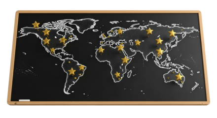 Black World Map Chalkboard with Gold Stars Marking Countries for Education and Geography