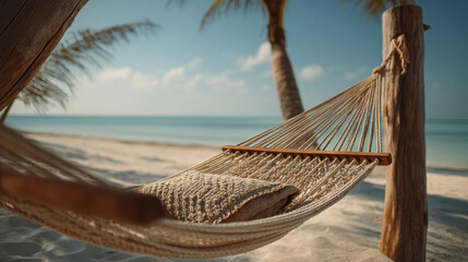 Hammock with pillow on sandy beach with palm trees in the background scenery
