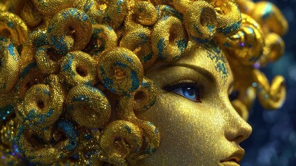 Close-up profile of a golden female figure, her hair sculpted into a mass of swirling, glittering snakes, detailed eyes and skin texture