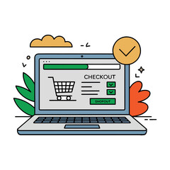 Online Shopping Checkout Process Illustration Modern Laptop Design Featuring Shopping Cart and Payment Options for Seamless E commerce Experience
