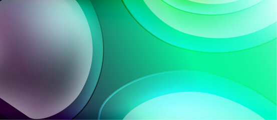 Abstract background features overlapping circles. Colors shift from purple, through green, to turquoise. Smooth gradients create soft visual effect.