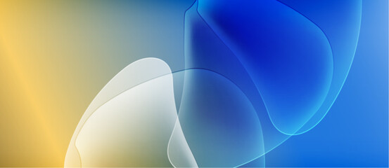 Abstract gradients blend yellow, white, blue hues. Soft shapes overlap creating luminous effect. Minimalist design evokes calm atmosphere.