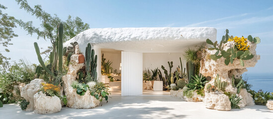 Tropical wedding chapel decorated with rocks and lush greenery overlooking the ocean