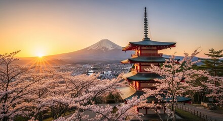 Mount Fuji Sunrise with Pagoda and Cherry Blossoms - Stunning sunrise over Mount Fuji, Japan, with a traditional pagoda nestled amongst blooming cherry blossom trees. Peaceful and serene landscape