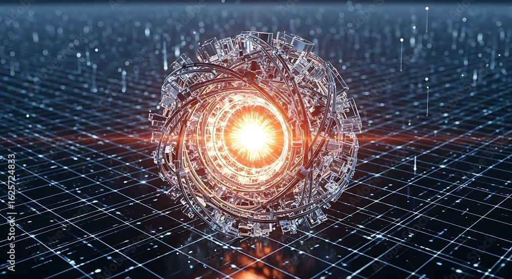 Aufkleber futuristic orb of light and technology a complex mechanical sphere with glowing core.