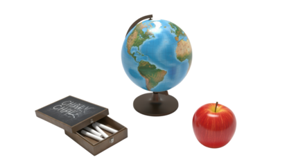 Educational Globe with Apple and Chalkboard on Transparent Background