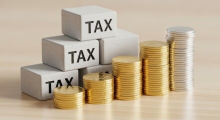 Rising Tax Costs and Increasing Finances - Stacks of gold and silver coins rise alongside tax blocks, illustrating increasing tax burdens and financial growth