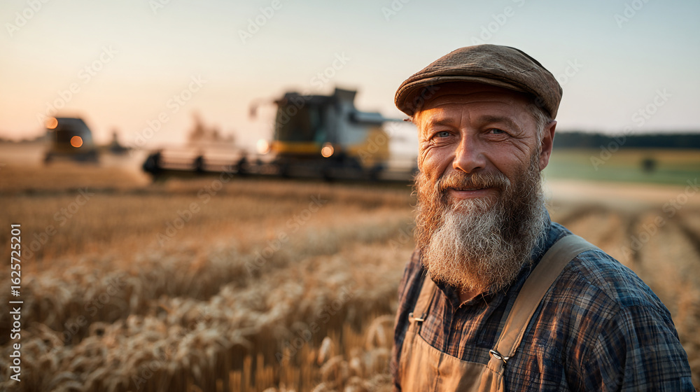 Poster a farmer in a wheat field with a combine harvester working in the background