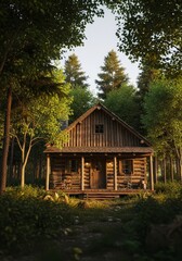 Secluded Log Cabin in the Woods - A charming rustic log cabin nestled amongst tall trees, bathed in the warm glow of sunset. Perfect for a peaceful getaway