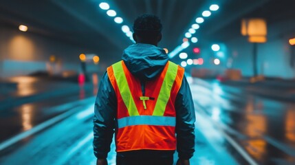 Fototapeta premium Traffic Worker Directing in Bright Tunnel Area