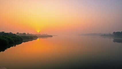 Fototapeta premium Sunrise Over River with Golden Reflection – Tranquil Morning Nature Scene