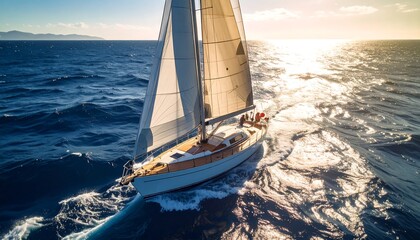 Fototapeta premium A beautiful sailboat glides through the shimmering ocean waves at golden hour, creating a serene and adventurous scene. Perfect for themes of travel, freedom, and luxury.
