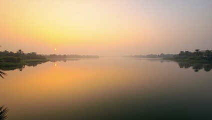 Obraz premium Sunrise Over River with Golden Reflection – Tranquil Morning Nature Scene