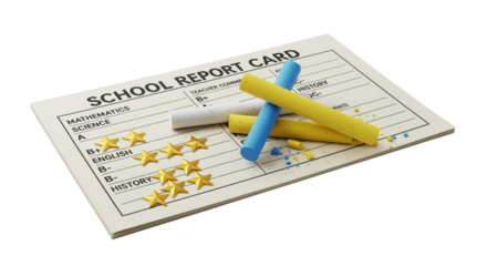 School Report Card with Colored Chalk and Gold Stars on Transparent Background