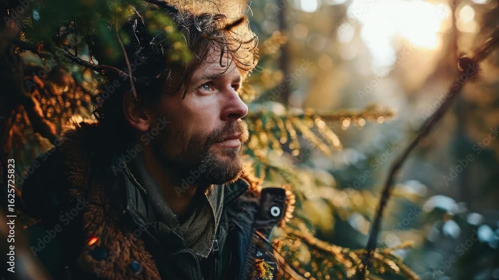 Poster Man reflecting in forest during golden hour surrounded by nature and soft sunlight filtering through trees