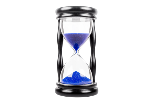 Colorful hourglass with blue sand on transparent background