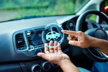 Car technology | Futuristic car interface with glowing icons and human interaction technology digital