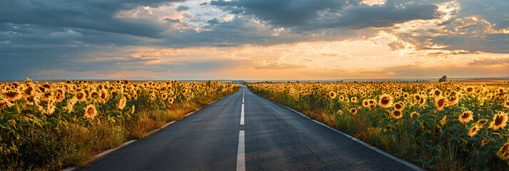 Straight asphalt road disappearing into a vast field of blooming sunflowers under a dramatic cloudy sunset sky