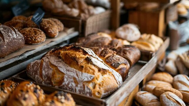 Freshly baked artisan bread varieties displayed in a charming bakery during the morning rush hour