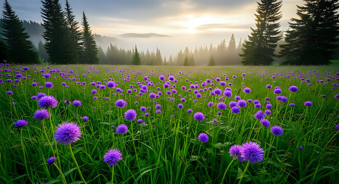 Vibrant field of purple flowers blooming under a misty sunrise with evergreen trees, peaceful nature scene