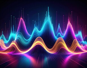 Naklejka premium An abstract representation of sound waves in vibrant colors, showcasing peaks and troughs in a dynamic, digital form.