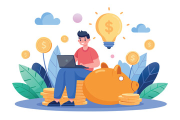 A man sitting on a piggy bank with a laptop and money isolated on white background
