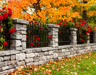 Autumnal stone fence with roses