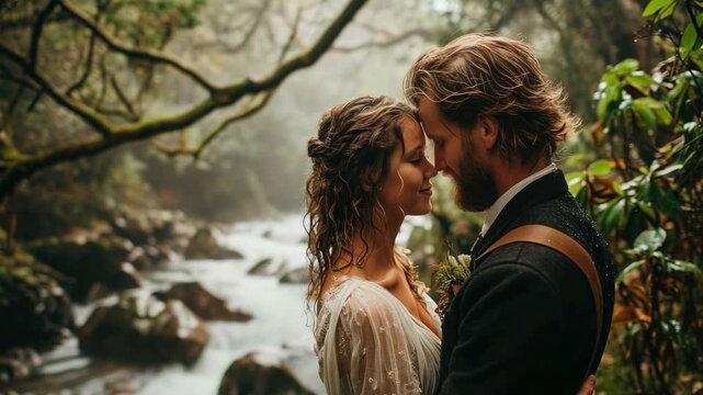 Romantic couple sharing a tender moment by a serene river in a lush forest setting during early morning light